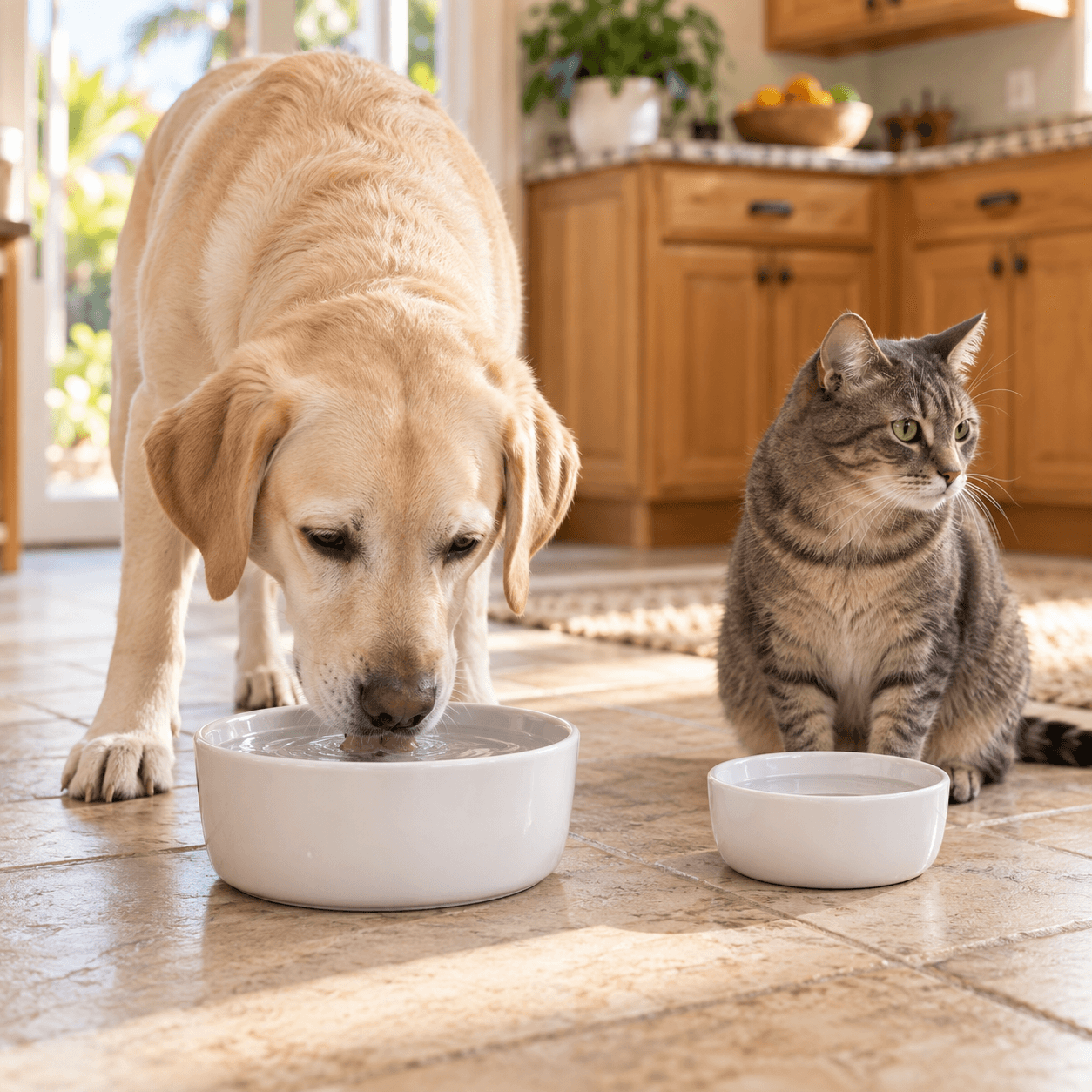 A dog drinking from a water bowl with a cat beside its own bowl in a sunlit kitchen.